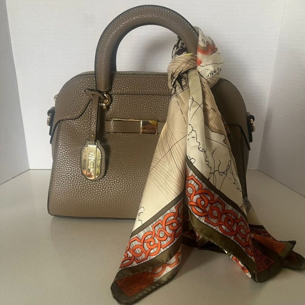 Brangio Textured Leather Handbag w/Bow Taupe Gold Double Handles Zipper NWOT